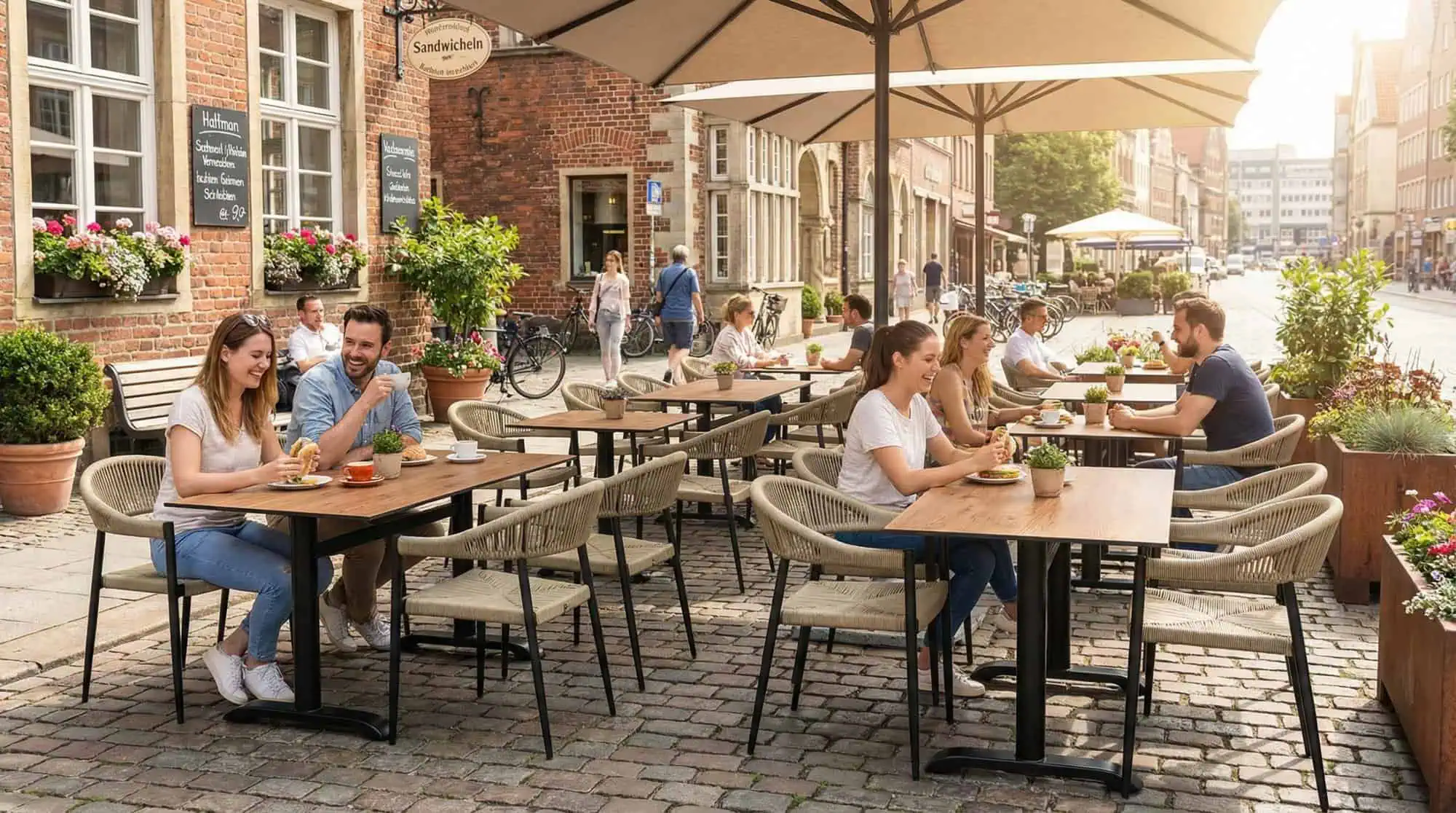 Super-Seat | You see patio tables made of teak, metal chairs, flower boxes and large umbrellas on a cobblestone street. | Hospitality Furniture