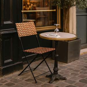 Super-Seat | A small round cafe table with an empty Parisian plastic rattan (terrace) folding chair Prada... | White plastic rattan folding chair with metal frame, round wooden table, glass and a large plant pot nearby. | Hospitality Furniture