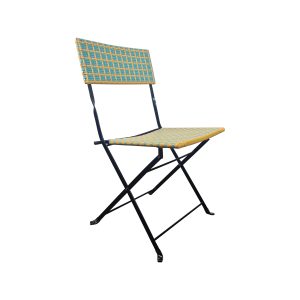 Super-Seat | Paris plastic rattan folding chair | Lightweight black metal frame with boho blue and yellow grid pattern. | Hospitality Furniture