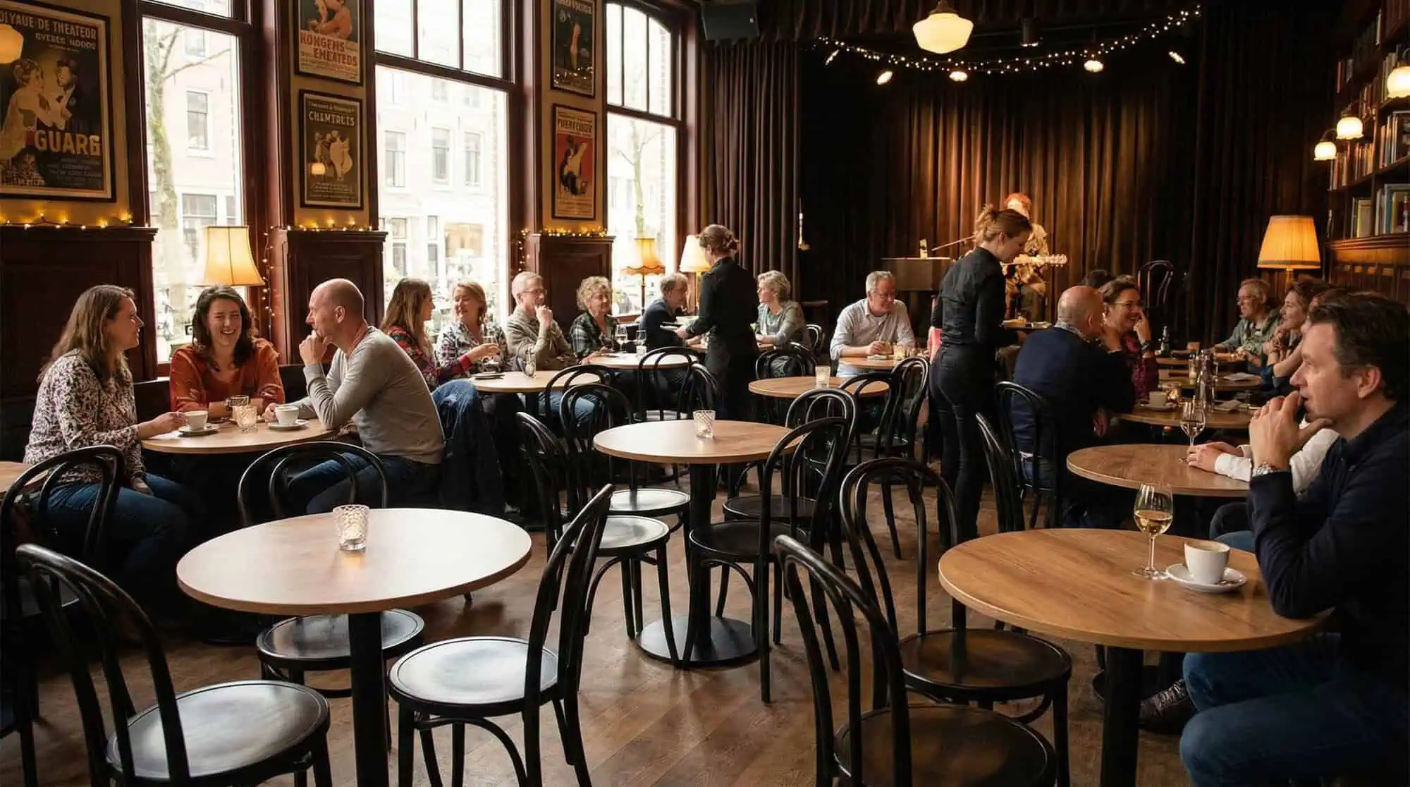 Super-Seat | Cafe Interior Wooden tables, black wooden stacking chairs and vintage posters by warm mood lighting in the cafe. | Hospitality Furniture