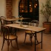 Super-Seat | A Berlin vintage wooden folding table natural 200x50cm | Natural wood, metal legs, set with two wooden chairs, decor: vase flowers. | Hospitality Furniture