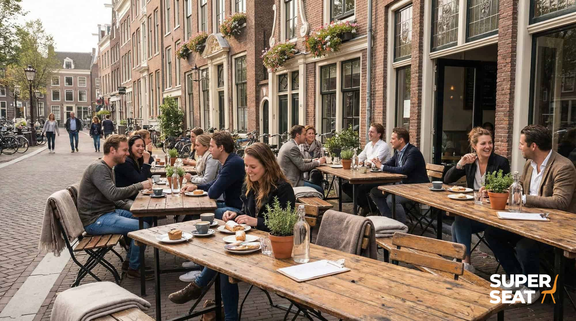 Super-Seat | Berlin vintage wooden folding table natural | People at a light wooden table with metal hinges, chairs in wood/metal outdoor. | Hospitality Furniture