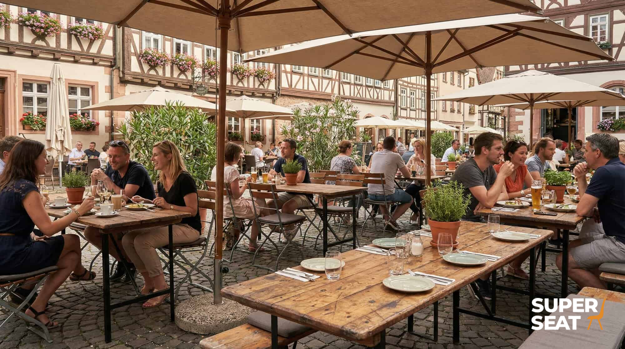 Super-Seat | Berlin vintage wooden (terrace) folding tables natural 200x50cm | Wooden tables and chairs in natural color, metal frame, outdoor on a stone terrace. | Hospitality Furniture