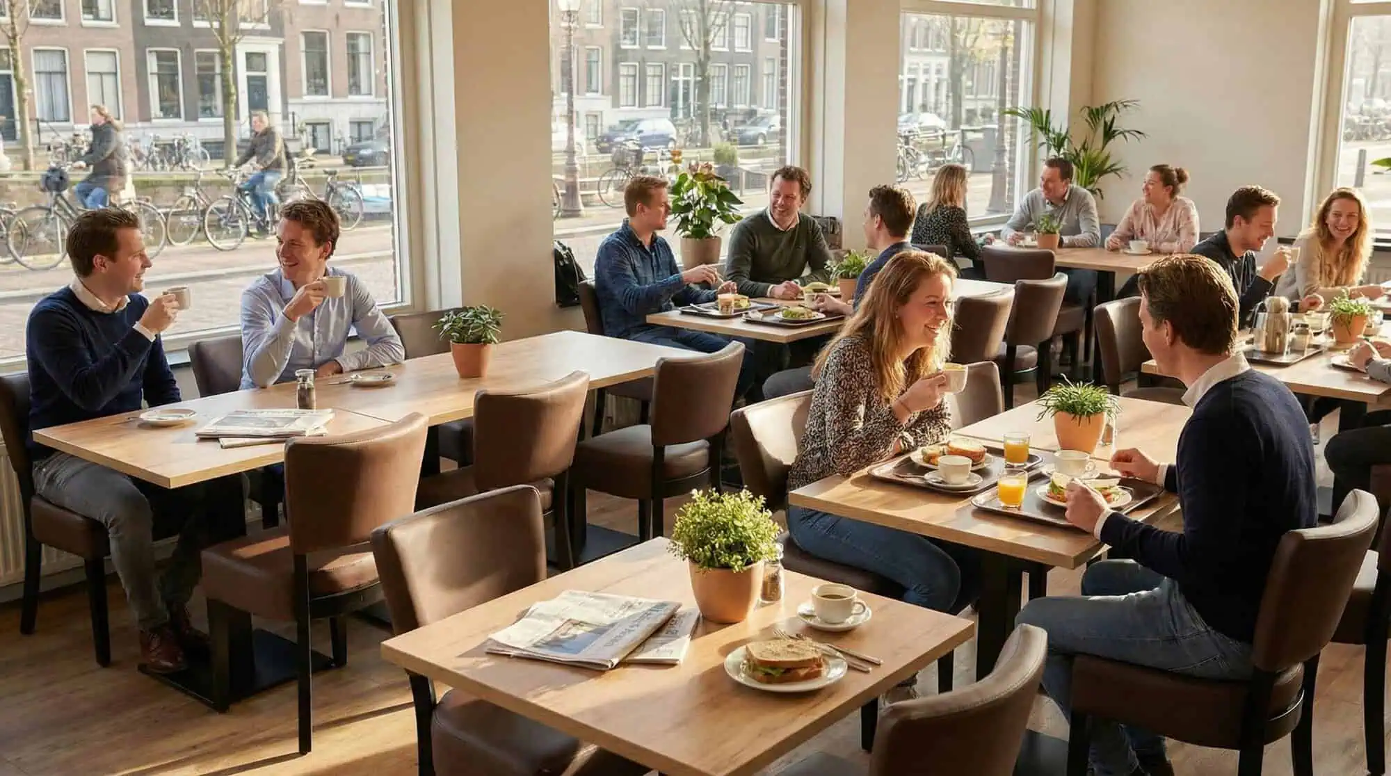 Super-Seat |Lisa Rome hospitality chairs dark brown Dark brown chairs, wooden tables, lots of light. Plants on the table, big windows, cyclists outside. | Hospitality Furniture