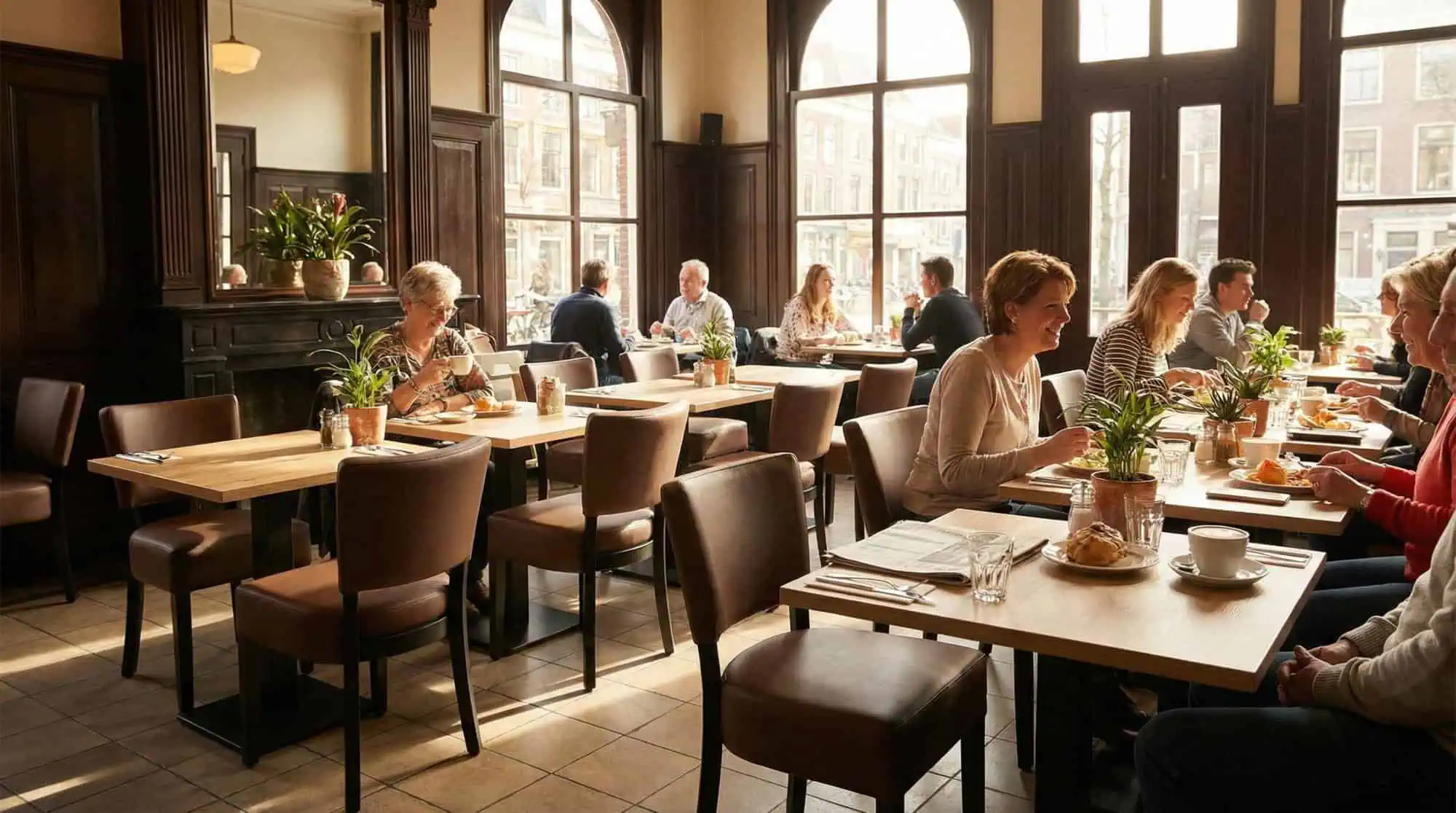 Super-Seat | Chairs and tables inspiration | Dark brown wooden chairs, tables and bar stools in light café with large windows and plants. | Hospitality Furniture