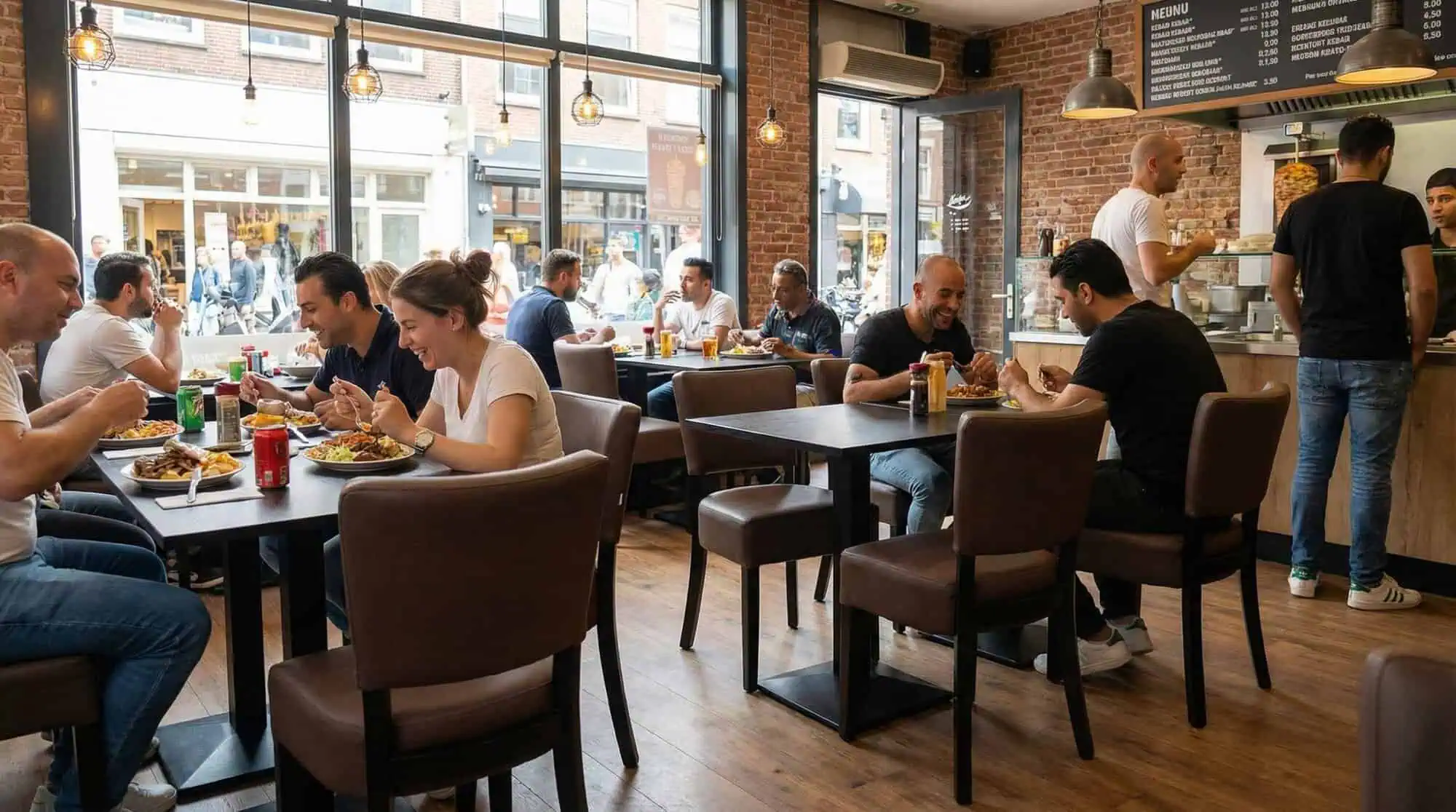Super-Seat | Lisa Rome Hospitality Chairs Dark Brown | Dark brown wooden chairs and tables, cozy restaurant, brick walls, large windows. | Hospitality Furniture