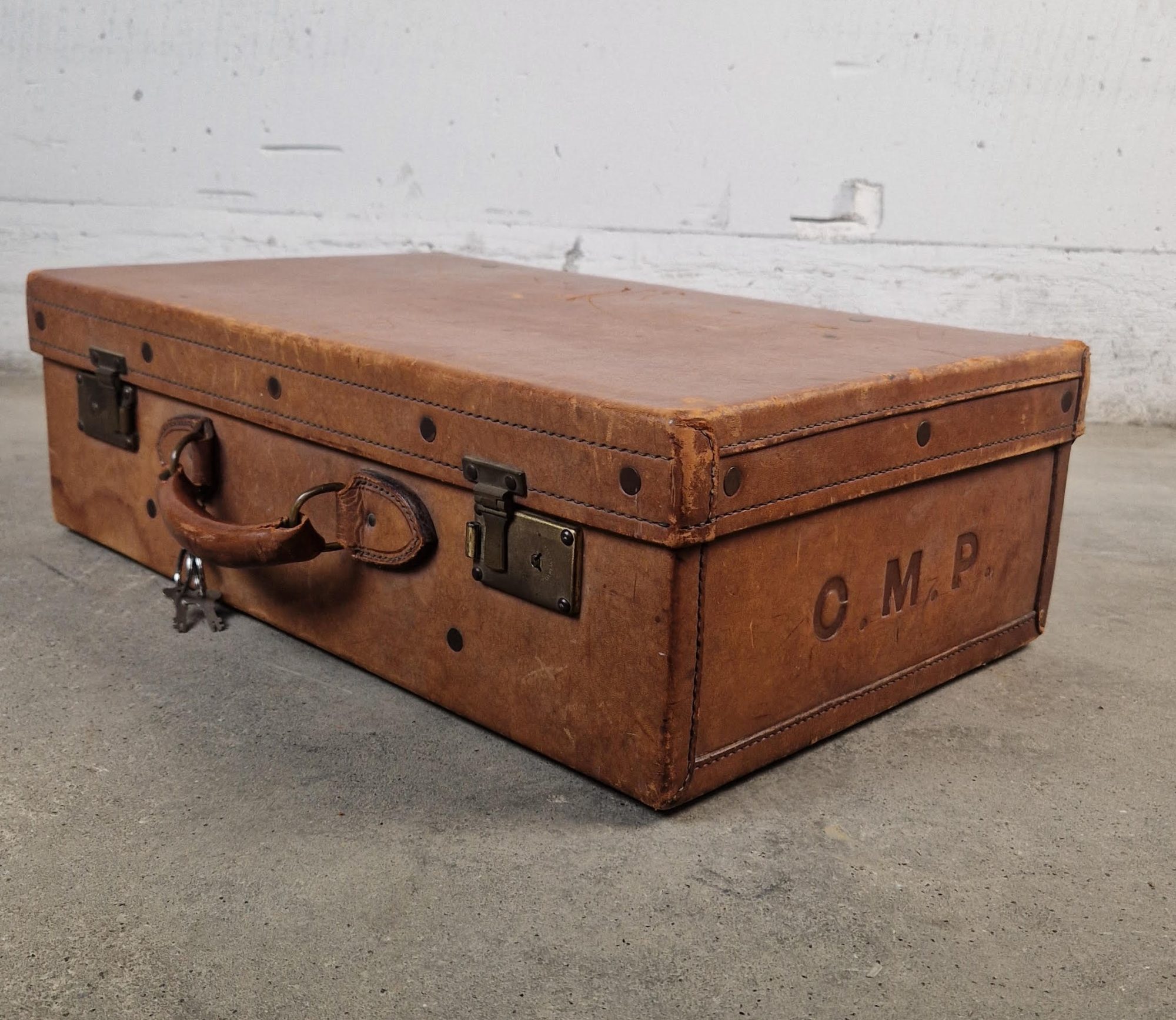 Vintage antique leather suitcase set, Pendragon steamer trunks