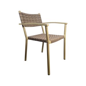 Super-Seat | Tulum Hospitality Terrace Chair | Brown wicker, aluminum frame in light brown, armrests, straight legs with black caps. | Hospitality Furniture