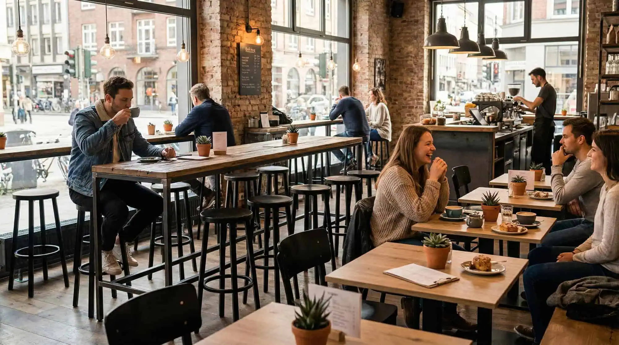 Super-Seat | Industrial bistro bar stools black / black | Black metal bar stools and wooden tables in modern cafe with brick walls and large windows. | Hospitality Furniture