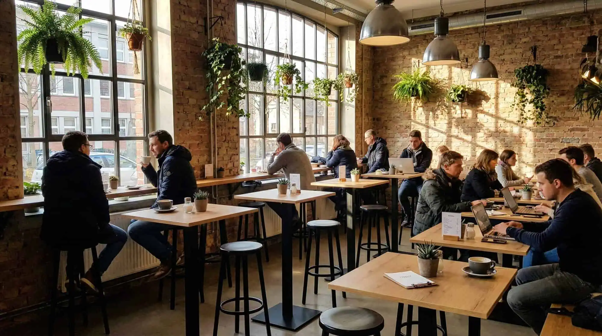 Super-Seat | Black metal bar stools and tables in modern cafe with brick walls, lots of glass and plants. | Hospitality Furniture
