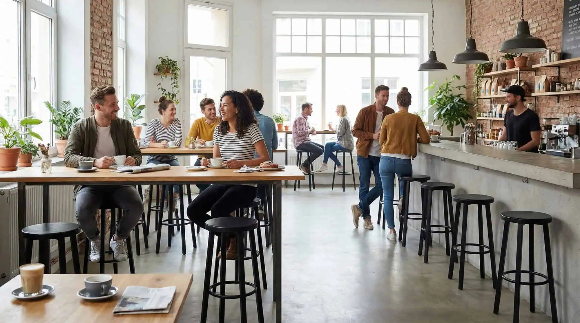 Super-Seat | Industrial bistro bar stools black / black | Black metal bar stools, wooden tables, brick walls and lots of plants in modern cafe. | Hospitality Furniture