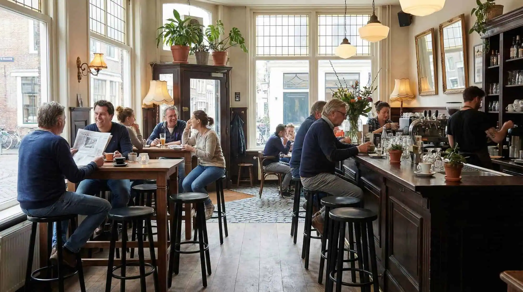 Super-Seat | Black metal bar stools, wooden tables; mix of steel, wood and glass, sunny café. | Hospitality Furniture