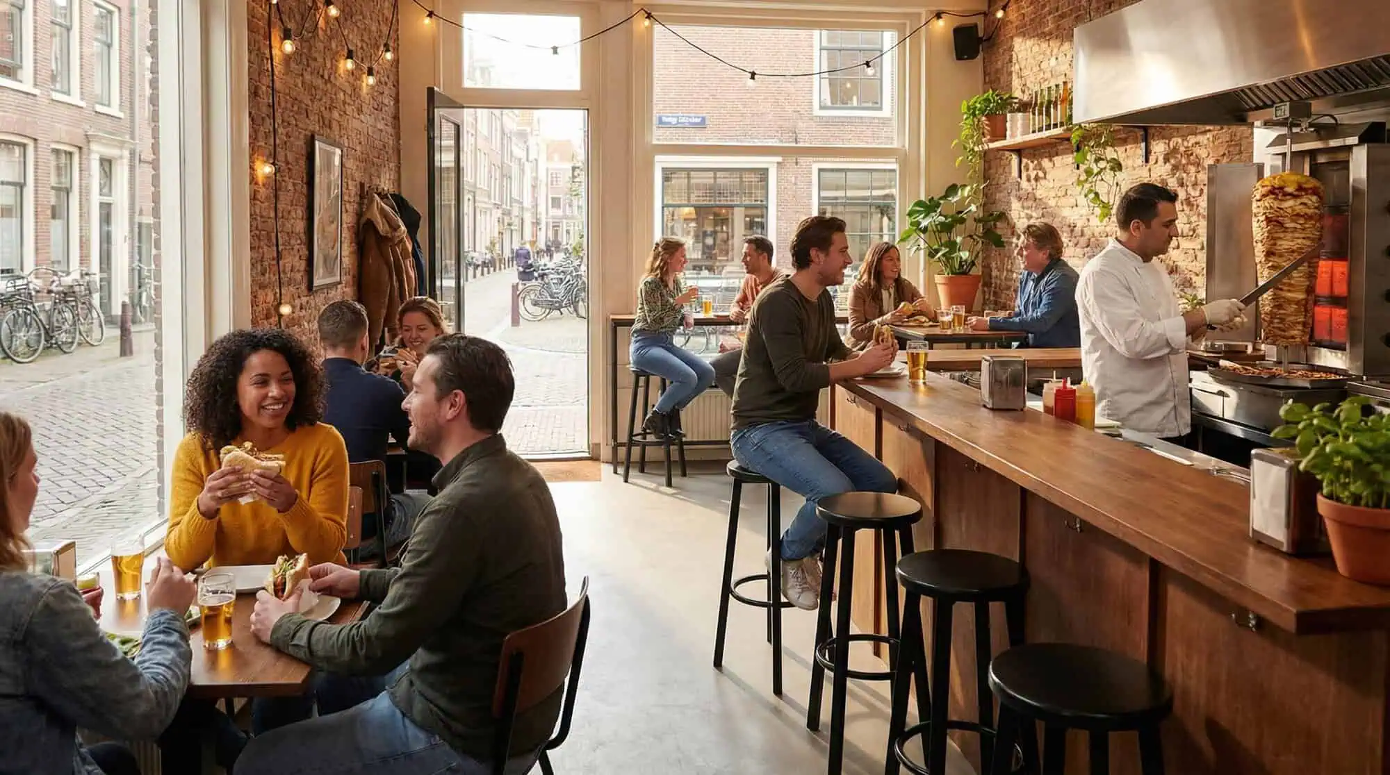 Super-Seat | Black metal bar stools at wooden tables in cozy restaurant with brick walls and large windows. | Hospitality Furniture