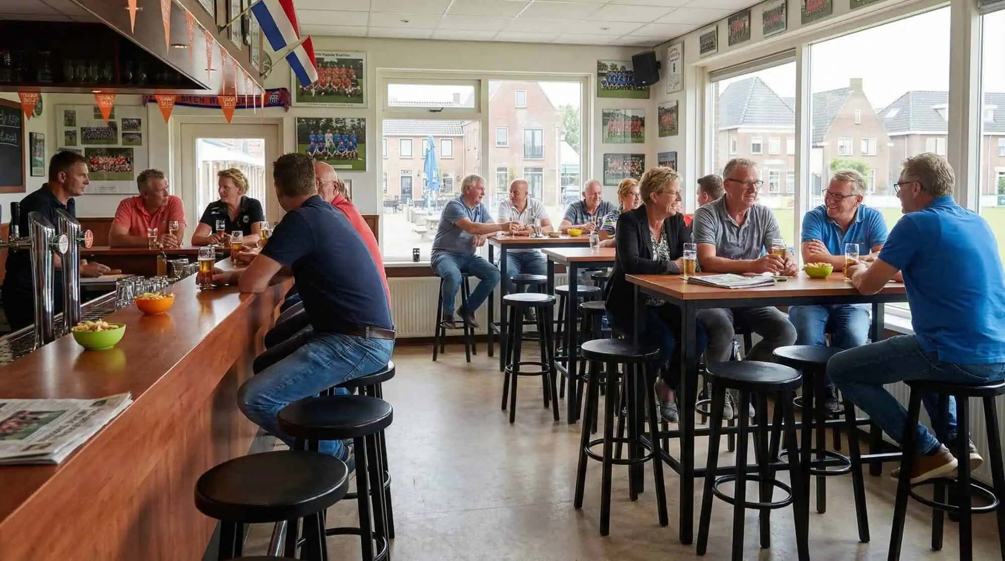 Super-Seat | Black metal bar stools, wooden tables. Big windows, airy atmosphere, people in conversation. | Hospitality Furniture