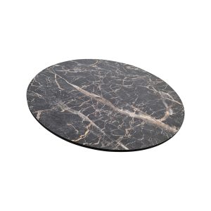 Super-Seat | HPL hospitality table tops black marble | Dark round table top with white/brown veins, set on a plain white background. | Hospitality Furniture