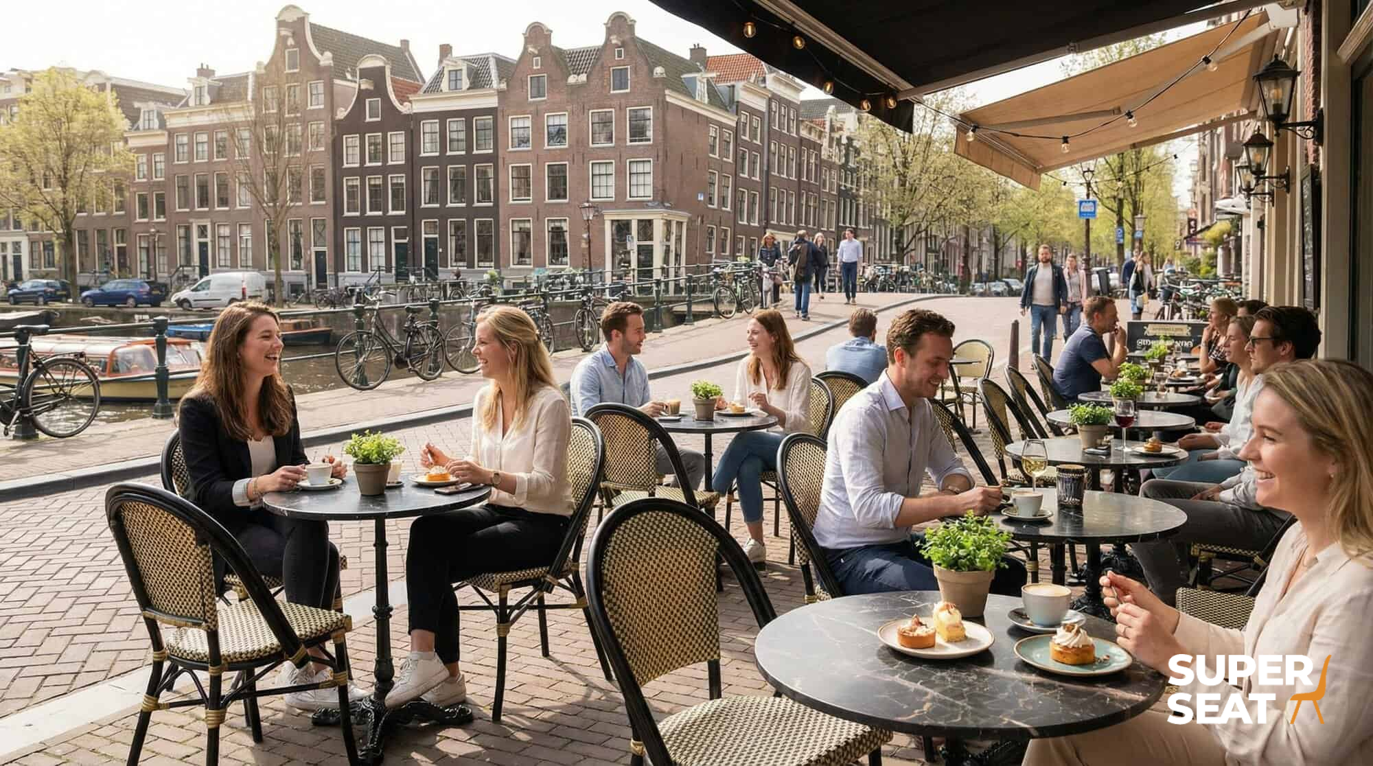 Super-Seat | Terrace table tops Black HPL marble round tables, metal chairs at canal with brick buildings and bicycles. | Hospitality Furniture