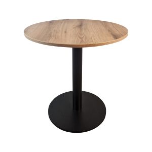 Super-Seat | Round 67cm Oak Melamine Table | Light brown top, black cylinder base, smooth finish, visible grain. Durable for Hospitality. | Hospitality Furniture