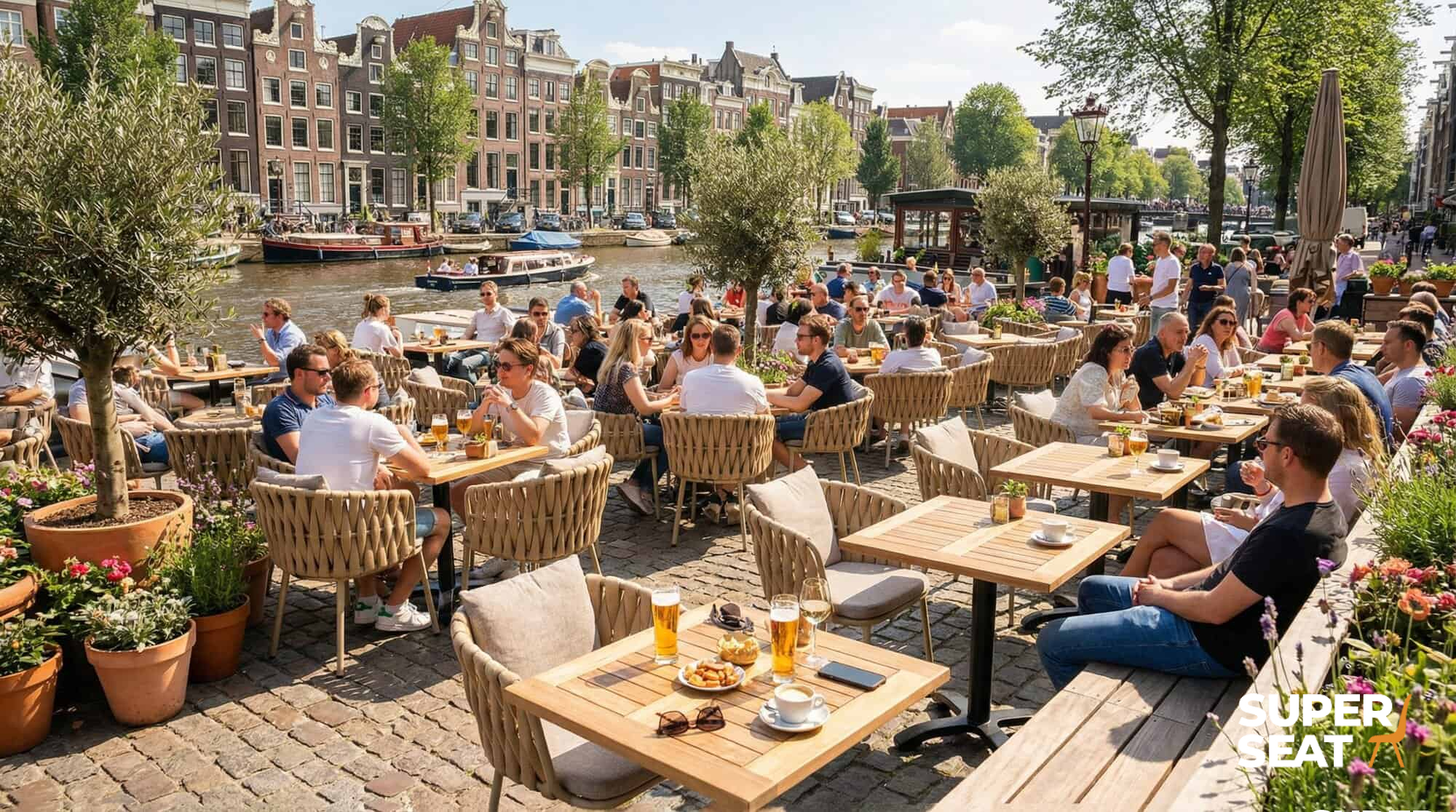 Super-Seat | Wooden tables and chairs, natural teak, at sunny waterfront patio. | Hospitality Furniture