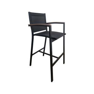 Super-Seat | Introducing the Textiline hospitality terrace bar stools Sunny Black | Zwarte metalen barkruk met mesh zitting, hoge rugleuning en armleuningen voor een stijlvolle horecaterras. | Horecameubilair