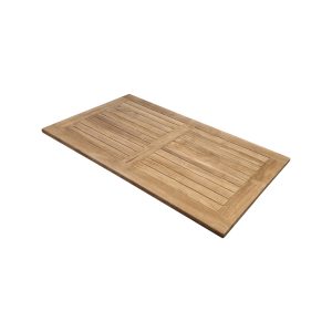 Super-Seat | Tivoli Teak Terrace Table Top | Natural teak color, horizontal slats, vertical frame, with background contrast. | Hospitality Furniture