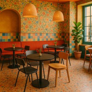 Super-Seat | A cozy café with floral wallpaper | Rode stoffen bank, houten en zwarte melamine stoelen, zwarte ronde melamine tafels |. | Horecameubilair