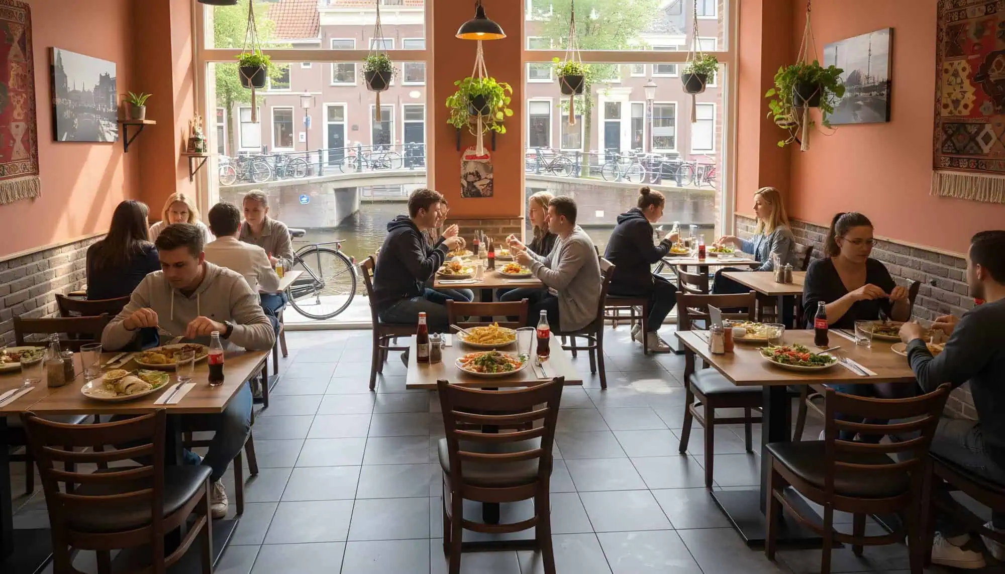 Super-Seat | Alessandro Bistro Chairs | Black leather seat, wooden frames at tables, lots of plants, sunlight and canal views. | Hospitality Furniture