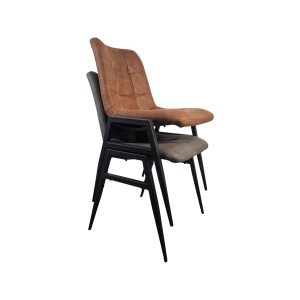 Super-Seat | Two modern stacking chairs | Brown-gray cushions on seat, black metal legs; minimalist design for hospitality use. | Hospitality Furniture