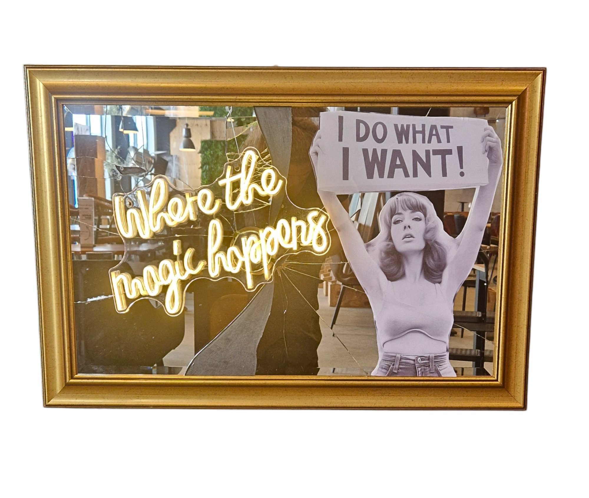 Super-Seat | Neon Art Sign in Gold Wooden Frame | Neon sign in gold wooden frame (92x62cm), black and white woman, warm cafe atmosphere. | Hospitality Furniture