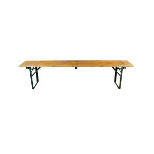 Super-Seat | The Saw Vintage Beer Bench Lot of 8 Benches | Wooden benches with conventional grain and folding green metal legs. | Hospitality Furniture