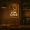 Super-Seat | A dimly lit bar with neon 'COCKTAILS' art | Bruine leren gecapitonneerde bank, houten tafels, donkerhouten barkrukken, warme sfeer. |. | Horecameubilair