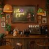 Super-Seat | A cozy coffee shop with brown walls and neon art | Bruine muren, houten balie, goudkleurige lijst, houten stoelen/tafels, groene planten |. | Horecameubilair