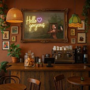 Super-Seat | A cozy coffee shop with brown walls and neon art | Bruine muren, houten balie, goudkleurige lijst, houten stoelen/tafels, groene planten |. | Horecameubilair