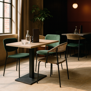 Super-Seat |Wood table, wicker green chairs, glassware and water carafe by window with plant. | Hospitality Furniture