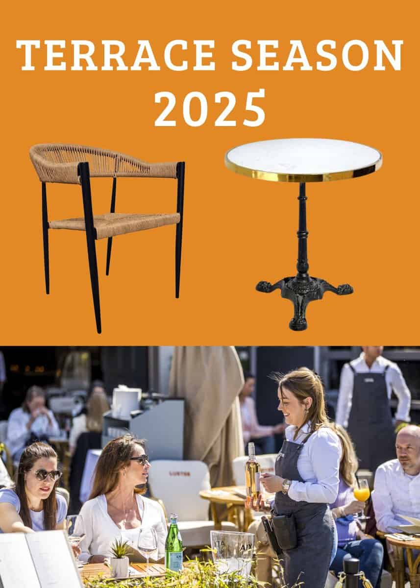 Super-Seat | Terrace Season 2025 | Woven chair and round table in warm hues, outdoor dining with wooden accents. | Horecameubilair