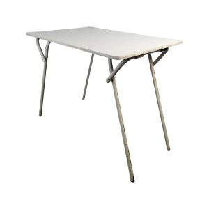 Super-Seat | De Fleur Vintage Exam Table/Folding Table | White, slightly worn top with metal legs; simple and functional design. | Hospitality Furniture