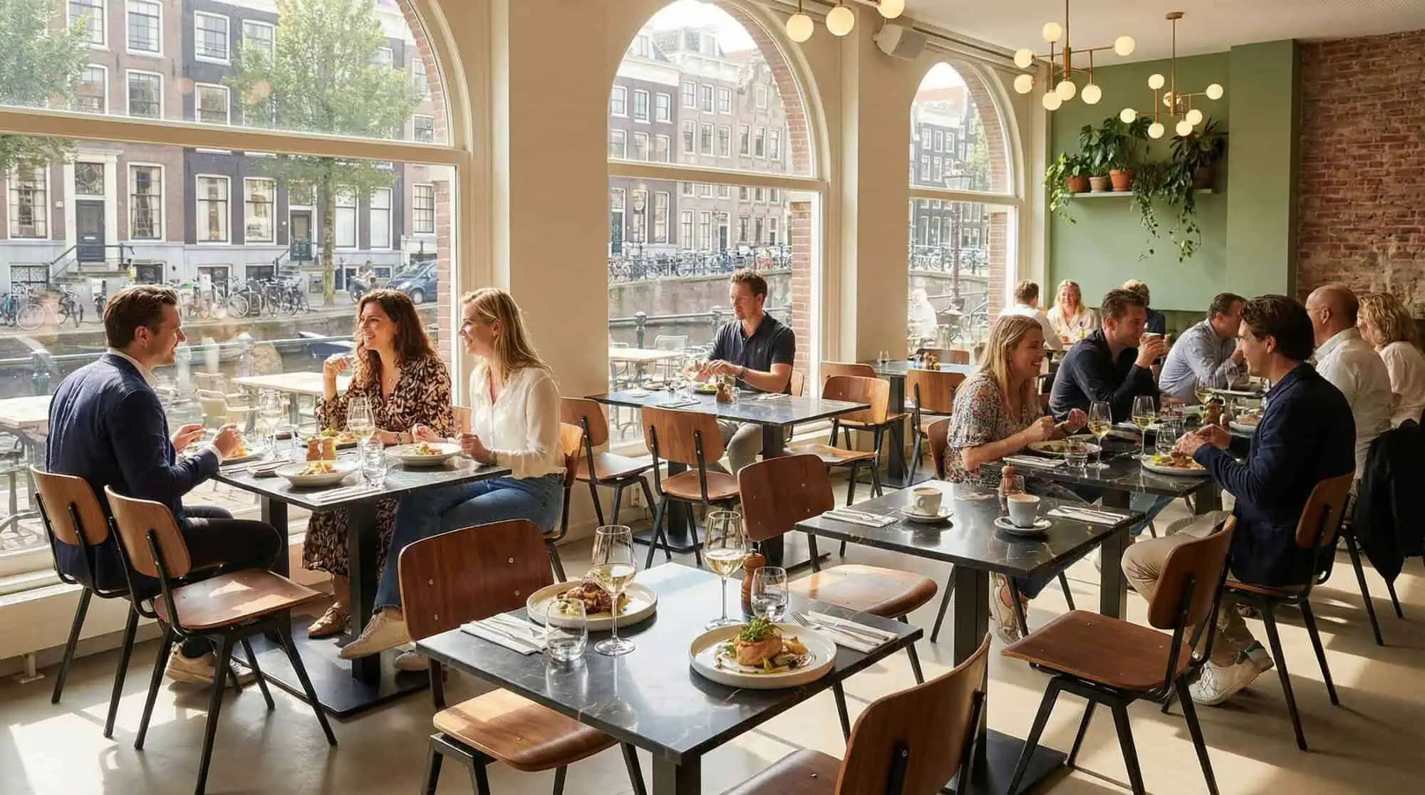 Super-Seat | Black marble look tables, wooden chairs, plants, bright space with large windows. | Hospitality Furniture