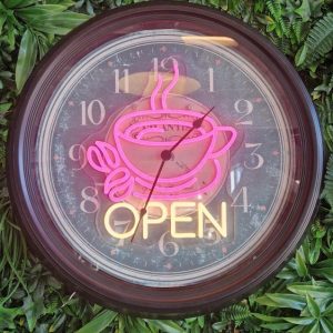 Super-Seat | Coffee Time 'OPEN' Vintage Metal Clock | Vintage metal clock with purple neon, yellow text and green accents. | Hospitality Furniture