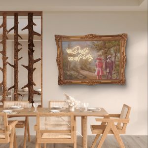 Super-Seat | Neon art 'PARTY' in antique gold frame 107x75cm | Wooden table and chairs, warm tones, neon accent on the wall. | Hospitality Furniture