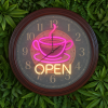 Super-Seat | The Coffee Time 'OPEN' vintage metal clock 60cm | Brown metal clock, yellow OPEN neon, coffee cup, green leaf background. | Hospitality Furniture