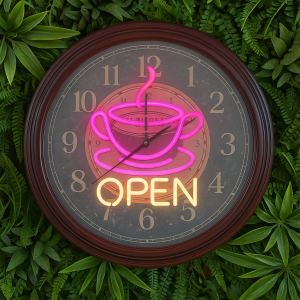 Super-Seat | The Coffee Time 'OPEN' vintage metal clock 60cm | Brown metal clock, yellow OPEN neon, coffee cup, green leaf background. | Hospitality Furniture