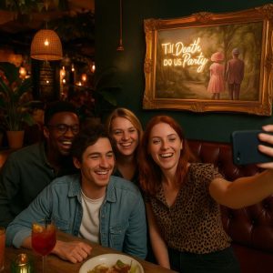 Super-Seat | Four friends smile and take a selfie in a cozy, dimly lit restaurant booth... | Donkere houten tafel, leren barkrukken, warme tinten, antiekgouden neonkunst aan de muur. | Horecameubilair