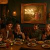 Super-Seat | Five people dine and drink wine around a wooden table in a warmly lit restaurant | Houten tafel, houten stoelen, warme tinten, neon kunst aan de muur in antiek gouden lijst |. | Horecameubilair