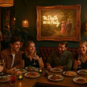 Super-Seat | Five people dine and drink wine around a wooden table in a warmly lit restaurant | Houten tafel, houten stoelen, warme tinten, neon kunst aan de muur in antiek gouden lijst |. | Horecameubilair