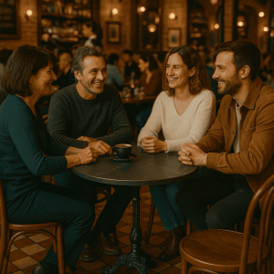 Super-Seat | Vier Erwachsene versammeln sich um eine Marmorschwarze Melamin-Tischplatte rund 67cm | Zwarte marmerlook melamine tafel, ronde vorm, metalen onderstel, caféstoelen van hout en metaal. | Horecameubilair