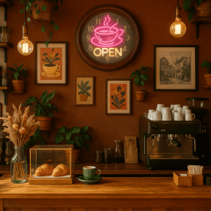 Super-Seat | Coffee Time 'OPEN' vintage metal clock 60cm | Houten balie met retro metalen klok, groene kop en schotel, glas croissant vitrine, planten. | Horecameubilair