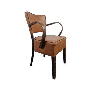 Super-Seat | The Lisa Vintage Art Deco Hospitality Chairs Caramel | Stylish brown leather chair with high back, curved wooden armrest and dark legs. | Hospitality Furniture