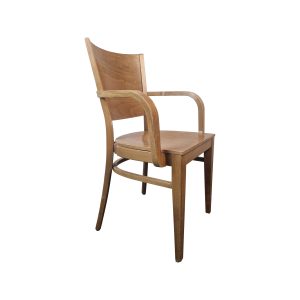 Super-Seat | The Montaro Bistro Stacking Chair | Honey wood, minimalist design, curved armrests, reclined backrest, white background. | Horecameubilair