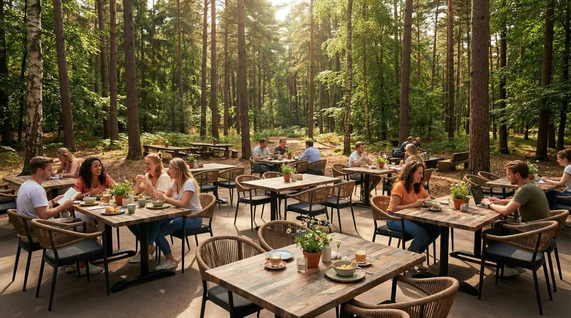 Super-Seat | Outdoor patio living White woven Lion chairs, wooden tables and bar stools among tall trees in the sun. | Hospitality Furniture