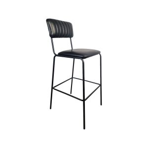 Super-Seat | Avion Black Bar Stools | Stoelen met zwarte bekleding, verticale stiksel, metalen frame en vierkante voetensteun. | Horecameubilair
