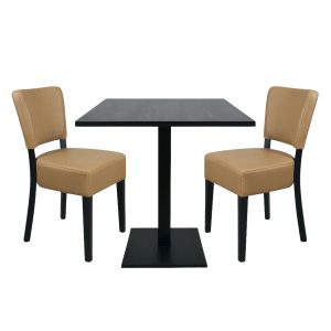 Super-Seat | The Hospitality Set Lisa taupe + Urban table black melamine 67x67cm | Black melamine table, square with leg; 2 taupe upholstered chairs with black legs. | Hospitality Furniture